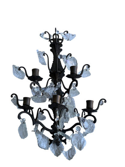Antique Pair 1920s 5 Arm Candelabra French Italian Rustic Wall Sconces Ornate Wrought Iron w/Crystals