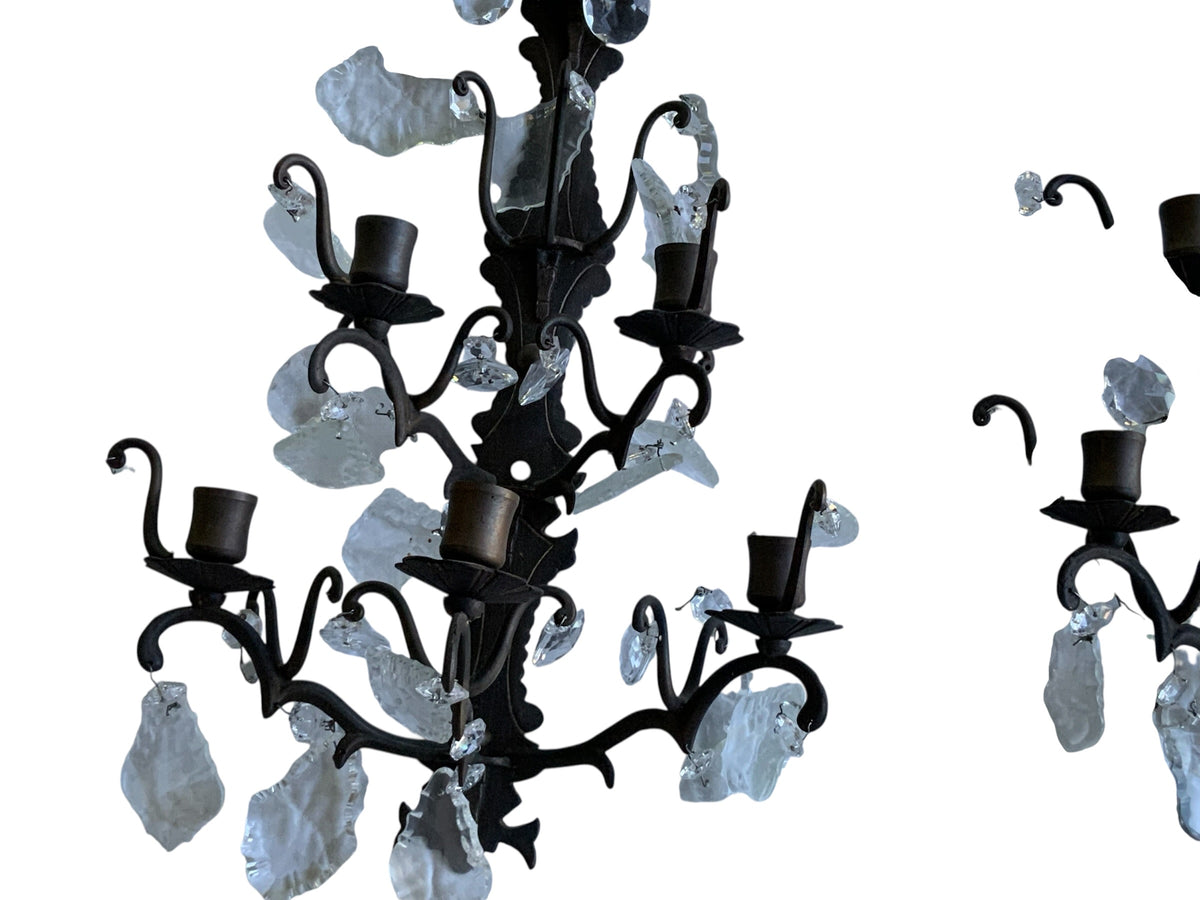 Antique Pair 1920s 5 Arm Candelabra French Italian Rustic Wall Sconces Ornate Wrought Iron w/Crystals