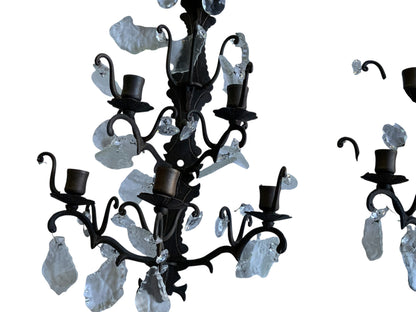 Antique Pair 1920s 5 Arm Candelabra French Italian Rustic Wall Sconces Ornate Wrought Iron w/Crystals