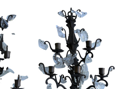 Antique Pair 1920s 5 Arm Candelabra French Italian Rustic Wall Sconces Ornate Wrought Iron w/Crystals