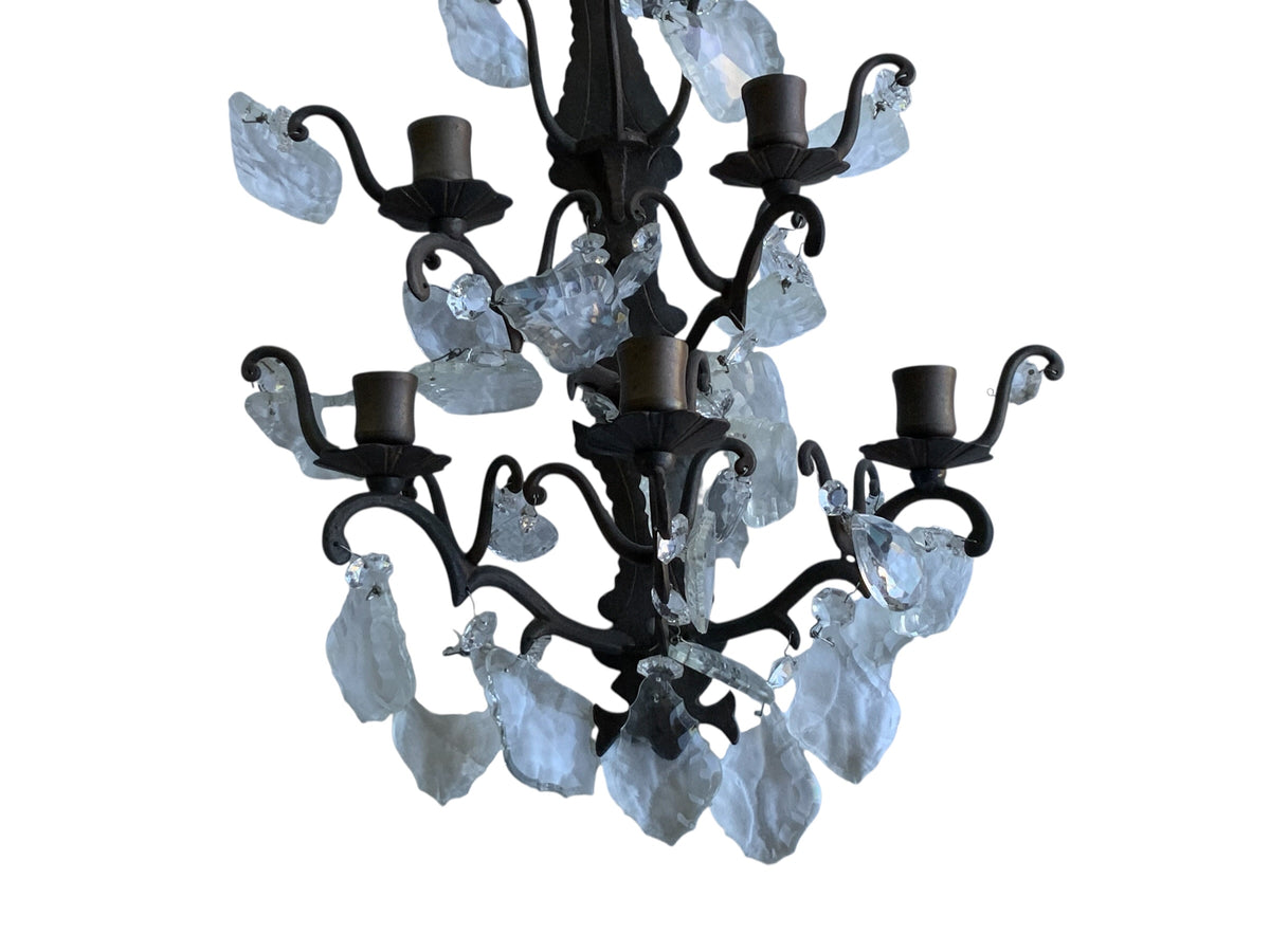 Antique Pair 1920s 5 Arm Candelabra French Italian Rustic Wall Sconces Ornate Wrought Iron w/Crystals