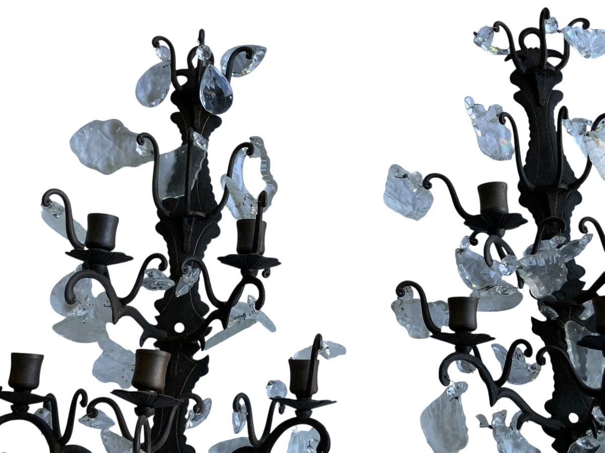 Antique Pair 1920s 5 Arm Candelabra French Italian Rustic Wall Sconces Ornate Wrought Iron w/Crystals