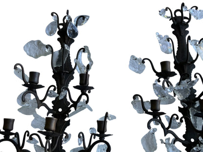Antique Pair 1920s 5 Arm Candelabra French Italian Rustic Wall Sconces Ornate Wrought Iron w/Crystals