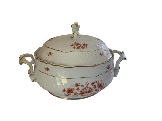 Vintage Hollóháza Hungary Porcelain Covered Soup Tureen - Hand Painted Rust Orange Floral & Gold Trim (Pattern SC / B)