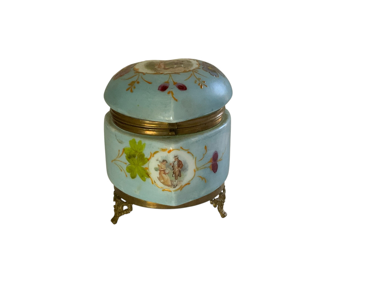 Antique French Enameled Opaline Gilt Ormalu Hand Painted Courting Scene Trinket Box c1900