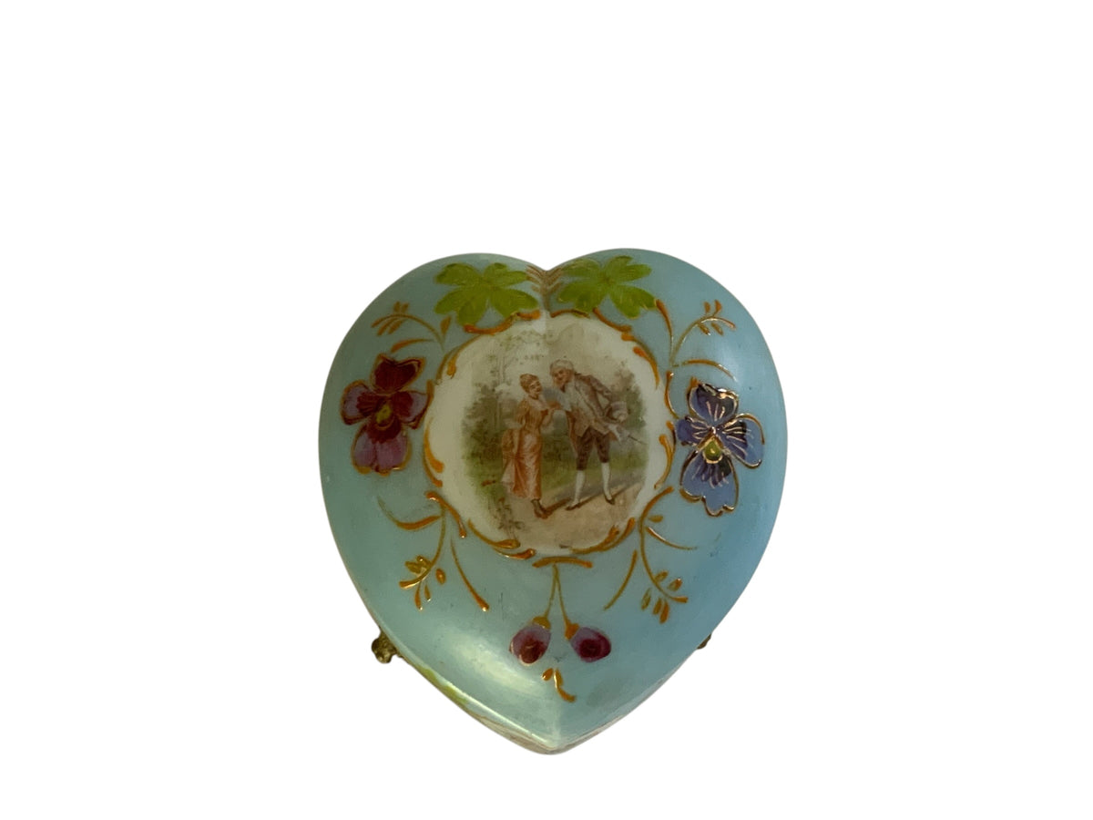 Antique French Enameled Opaline Gilt Ormalu Hand Painted Courting Scene Trinket Box c1900
