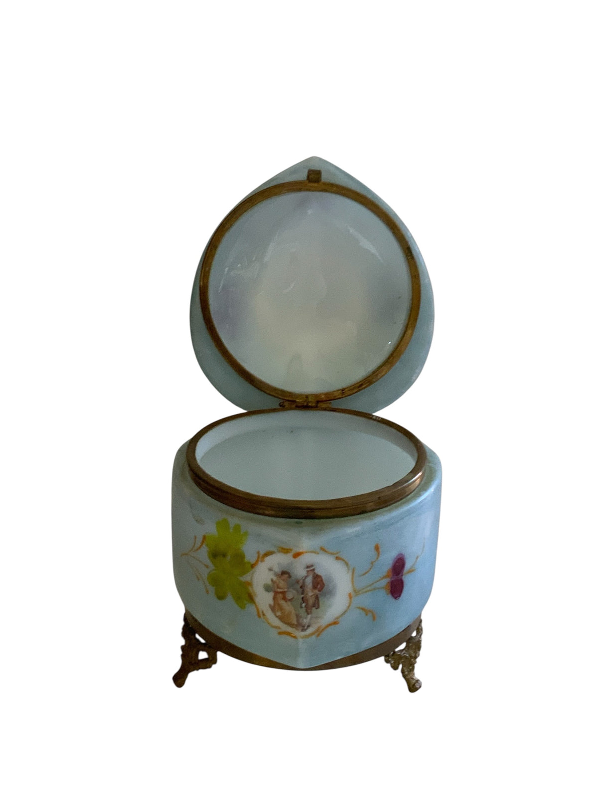 Antique French Enameled Opaline Gilt Ormalu Hand Painted Courting Scene Trinket Box c1900