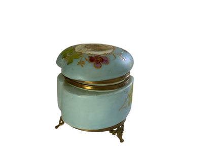 Antique French Enameled Opaline Gilt Ormalu Hand Painted Courting Scene Trinket Box c1900