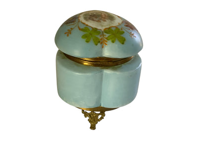 Antique French Enameled Opaline Gilt Ormalu Hand Painted Courting Scene Trinket Box c1900