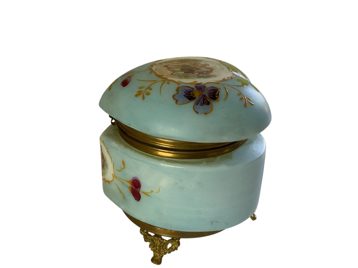 Antique French Enameled Opaline Gilt Ormalu Hand Painted Courting Scene Trinket Box c1900