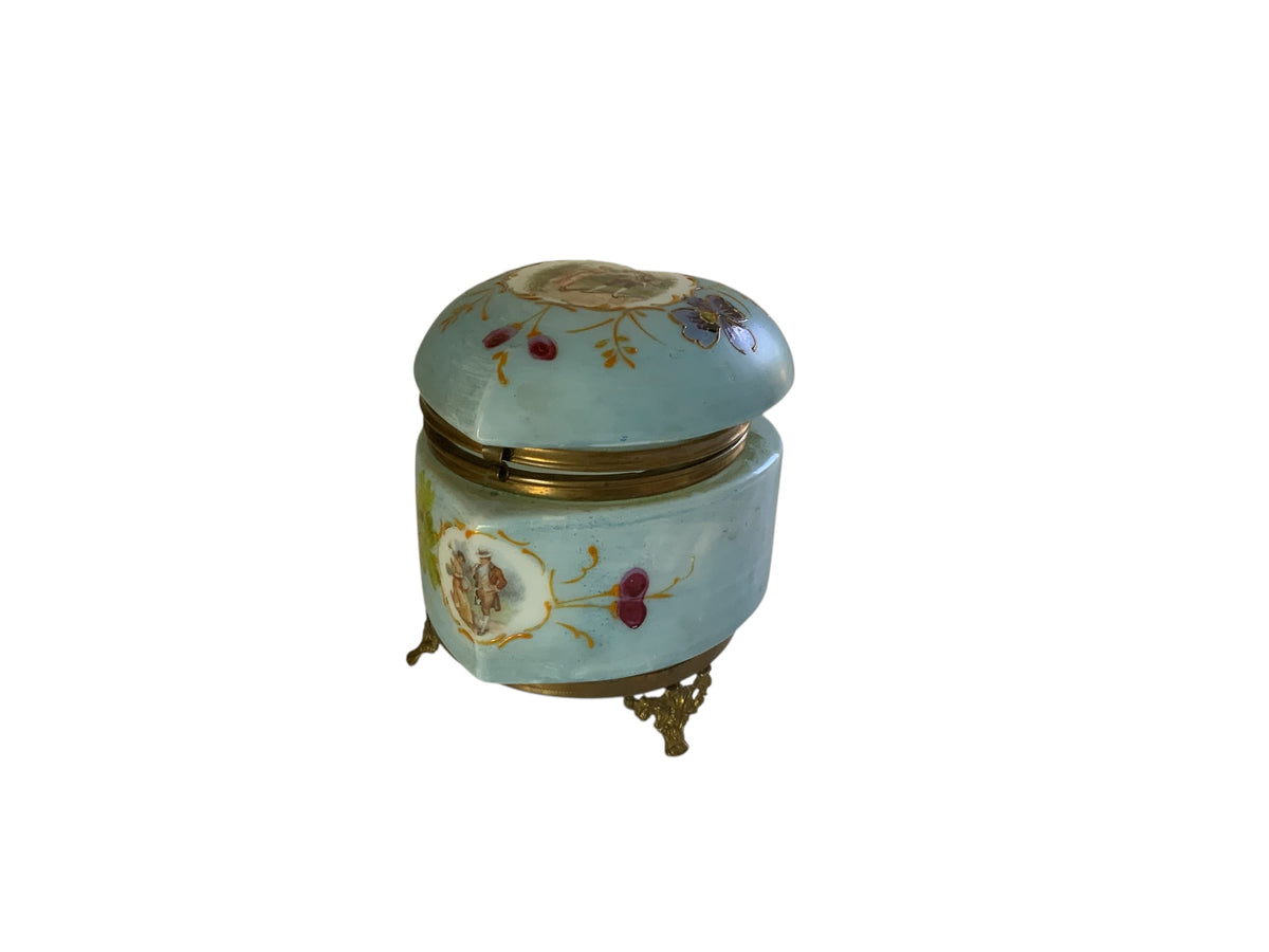 Antique French Enameled Opaline Gilt Ormalu Hand Painted Courting Scene Trinket Box c1900