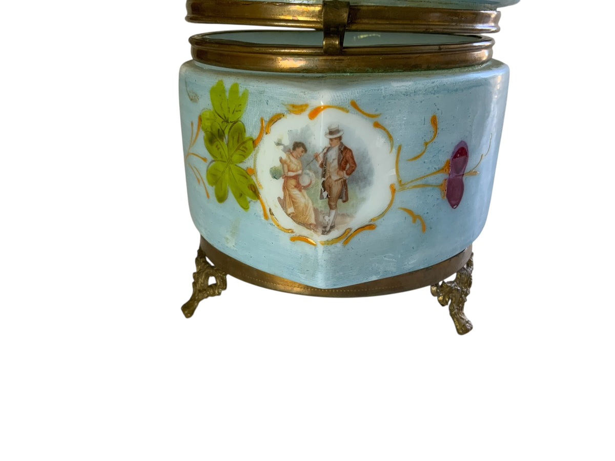 Antique French Enameled Opaline Gilt Ormalu Hand Painted Courting Scene Trinket Box c1900