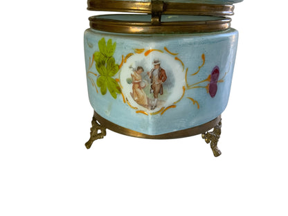 Antique French Enameled Opaline Gilt Ormalu Hand Painted Courting Scene Trinket Box c1900
