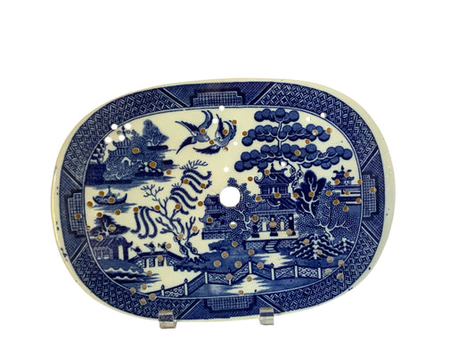 Antique 19th C Staffordshire Blue Willow Meat Drainer Platter Insert England c.1840