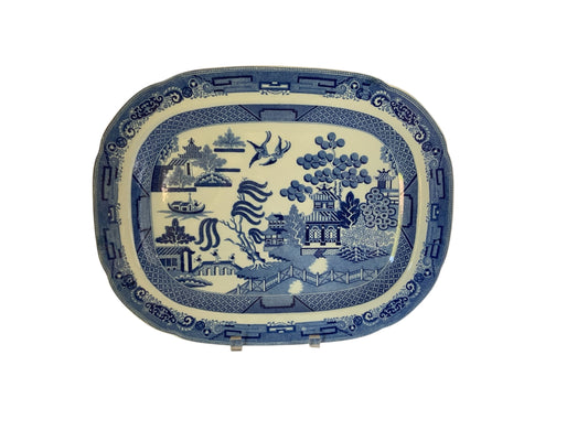Antique 19th Century 15" Oval Blue Willow Porcelain Ironstone Meat Platter, Unmarked England c. 1885-1890