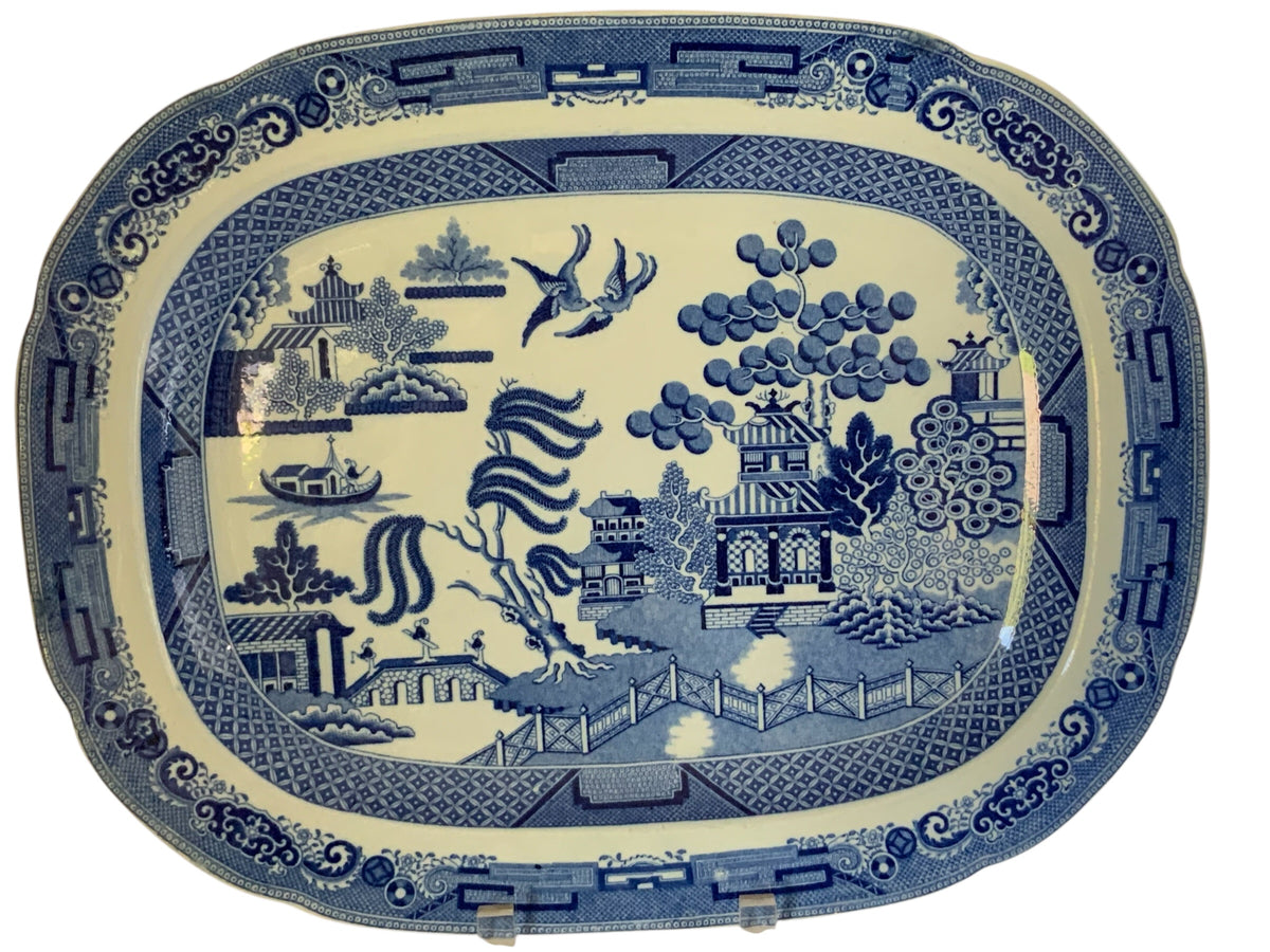 Antique 19th Century 15" Oval Blue Willow Porcelain Ironstone Meat Platter, Unmarked England c. 1885-1890