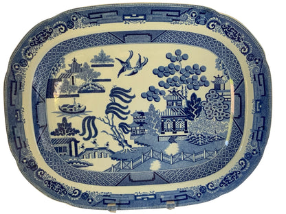 Antique 19th Century 15" Oval Blue Willow Porcelain Ironstone Meat Platter, Unmarked England c. 1885-1890