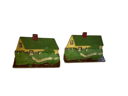 Pair of Antique Hubley #211 Cape Cod Cottage Cast Iron Doorstops - Original Paint USA 1920s