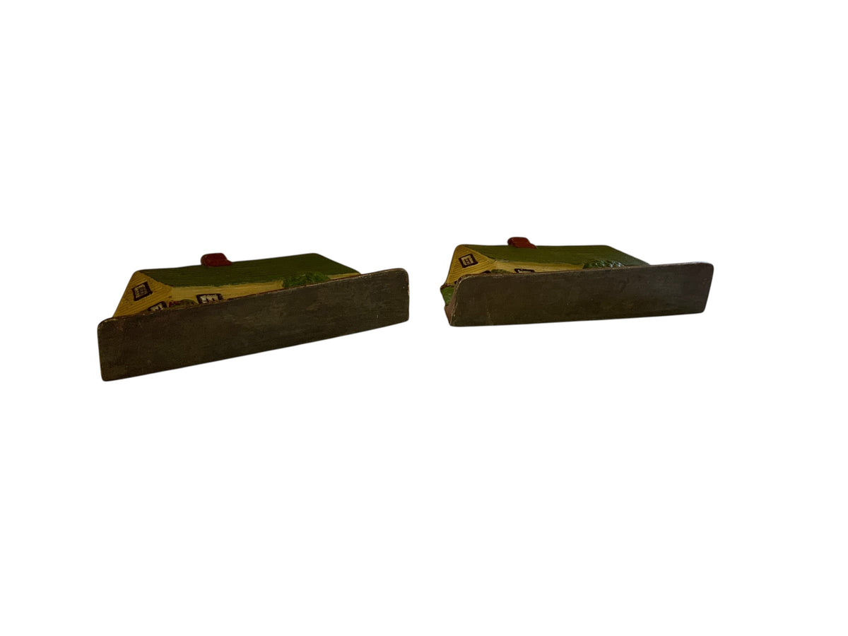 Pair of Antique Hubley #211 Cape Cod Cottage Cast Iron Doorstops - Original Paint USA 1920s