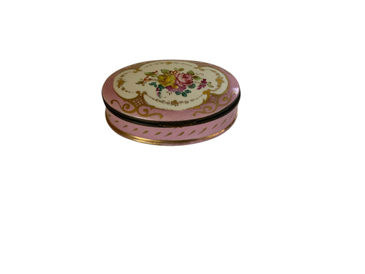 Vintage French Large Porcelain Hinged Trinket Box Pink Gilt Floral Vanity Dish Exclusively for Paris Decorators France 1930s-1950s