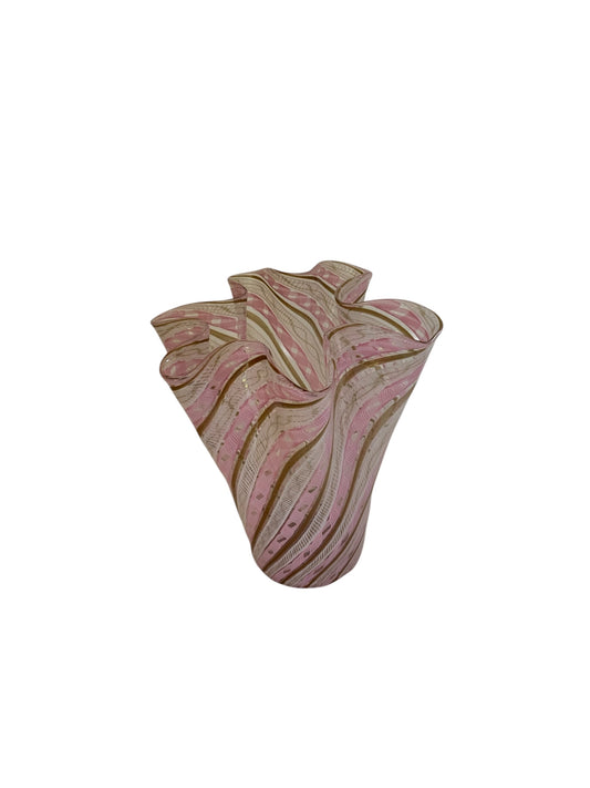Vintage Venini 10” Murano Fazzoletto Art Glass Vase Pink White Gold Aventurine Latticino Zanfirico Handkerchief Italy 1950s