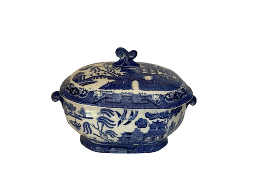 Antique Ridgways Willow Pattern Soup Tureen Covered Bowl Blue White Semi China England c.1891