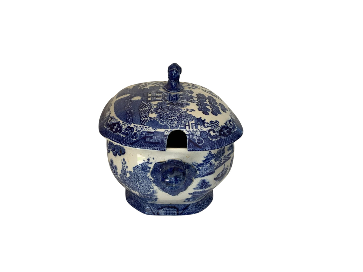Antique Ridgways Willow Pattern Soup Tureen Covered Bowl Blue White Semi China England c.1891
