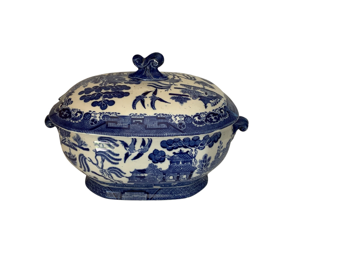 Antique Ridgways Willow Pattern Soup Tureen Covered Bowl Blue White Semi China England c.1891
