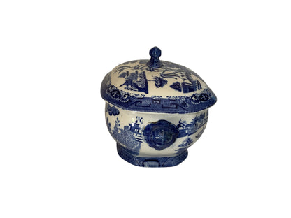 Antique Ridgways Willow Pattern Soup Tureen Covered Bowl Blue White Semi China England c.1891