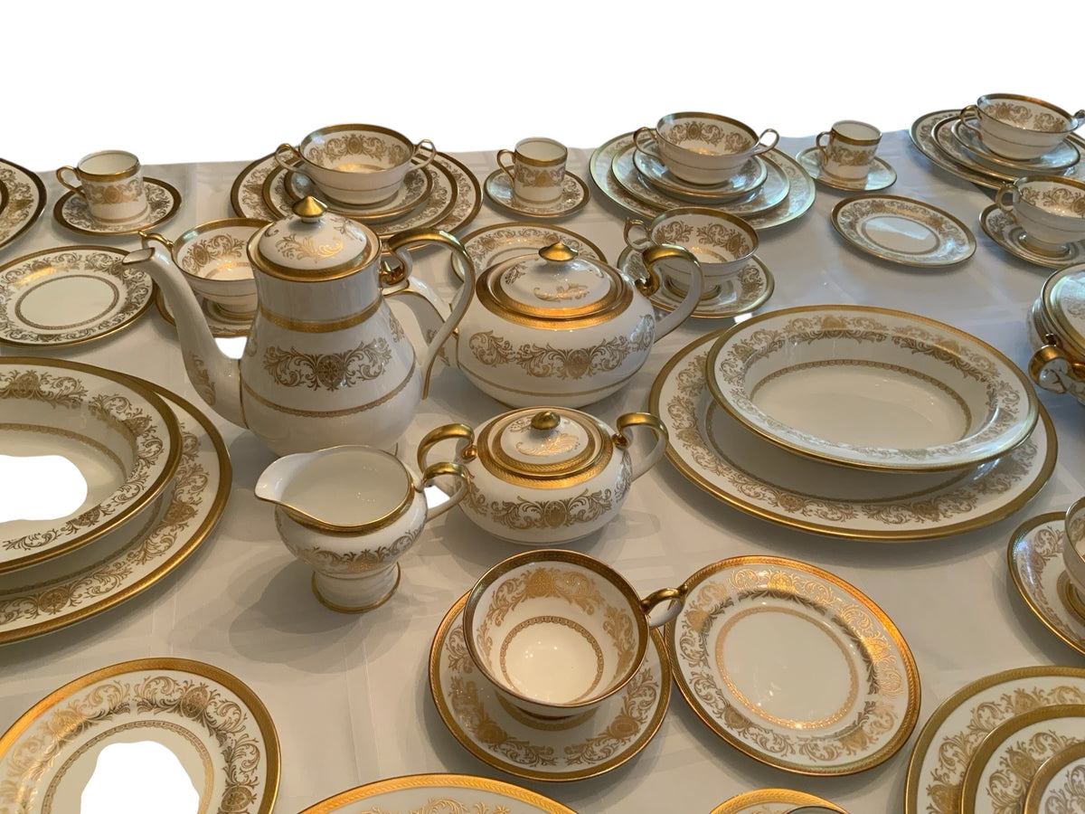 Aynsley Imperial Gold Fine Bone China Estate Collection 130 pc for 12 Teapot Coffee Pot Platters Staffordshire, England 1970s-1980s