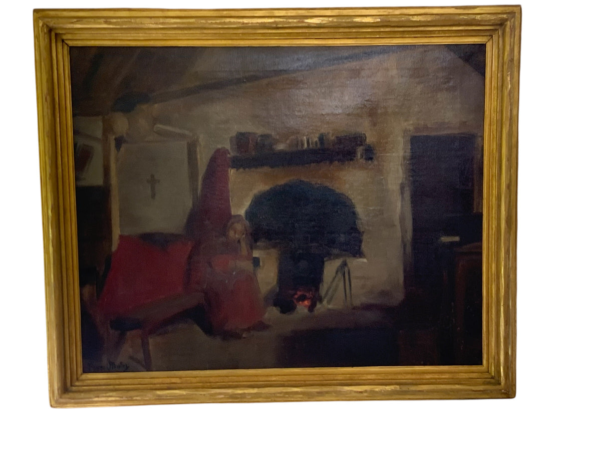 Antique Long Lost AIC Exhibited Michael Augustine Power O'Malley "A Conemara Kitchen" (Catalog No. 154) Oil on Canvas 1924 USA