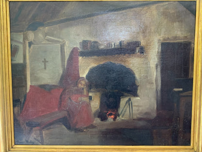 Antique Long Lost AIC Exhibited Michael Augustine Power O'Malley "A Conemara Kitchen" (Catalog No. 154) Oil on Canvas 1924 USA