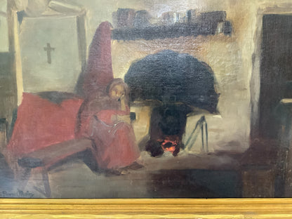 Antique Long Lost AIC Exhibited Michael Augustine Power O'Malley "A Conemara Kitchen" (Catalog No. 154) Oil on Canvas 1924 USA