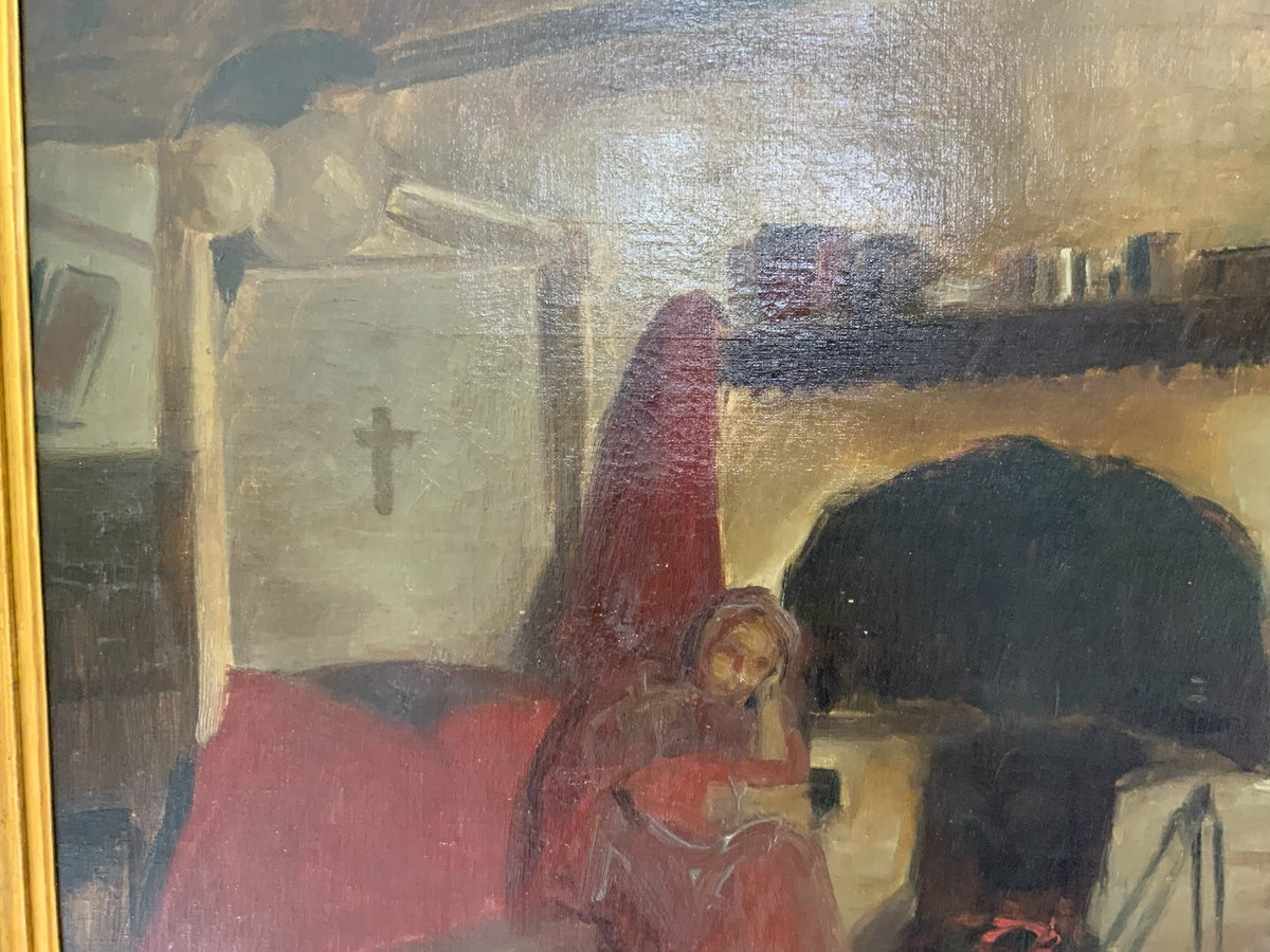 Antique Long Lost AIC Exhibited Michael Augustine Power O'Malley "A Conemara Kitchen" (Catalog No. 154) Oil on Canvas 1924 USA