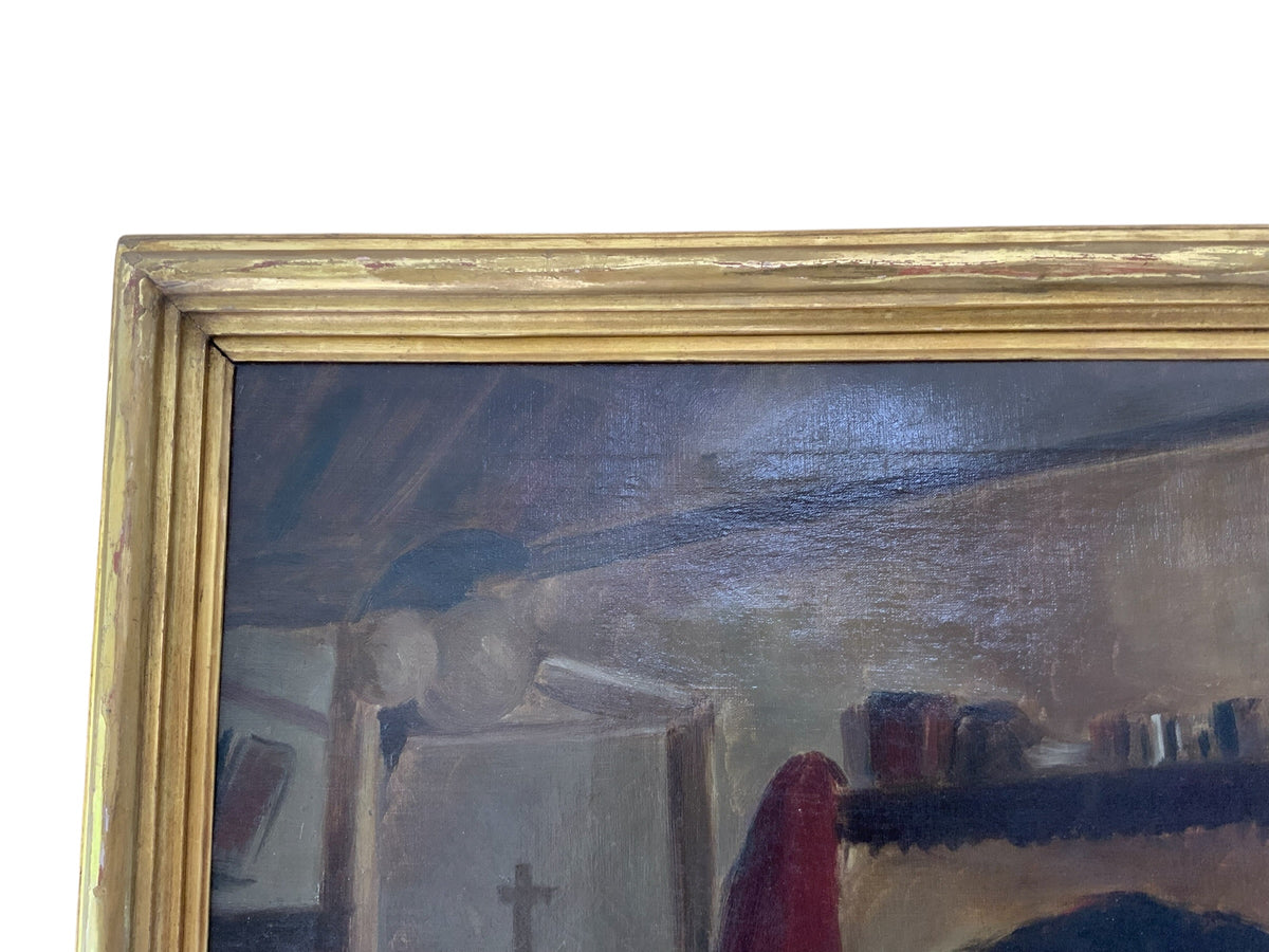 Antique Long Lost AIC Exhibited Michael Augustine Power O'Malley "A Conemara Kitchen" (Catalog No. 154) Oil on Canvas 1924 USA