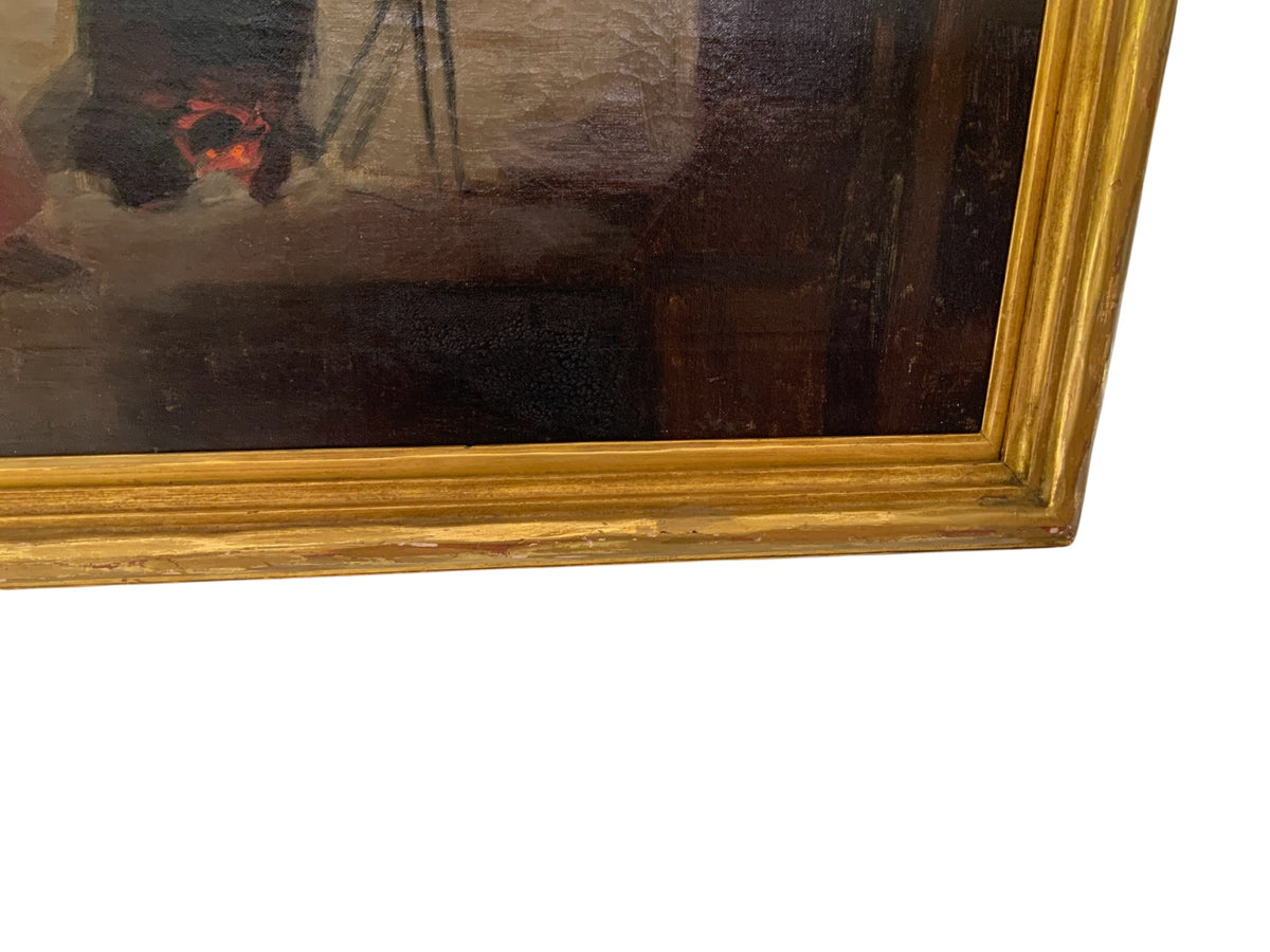 Antique Long Lost AIC Exhibited Michael Augustine Power O'Malley "A Conemara Kitchen" (Catalog No. 154) Oil on Canvas 1924 USA