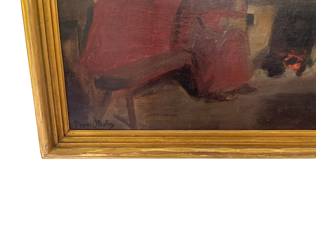 Antique Long Lost AIC Exhibited Michael Augustine Power O'Malley "A Conemara Kitchen" (Catalog No. 154) Oil on Canvas 1924 USA