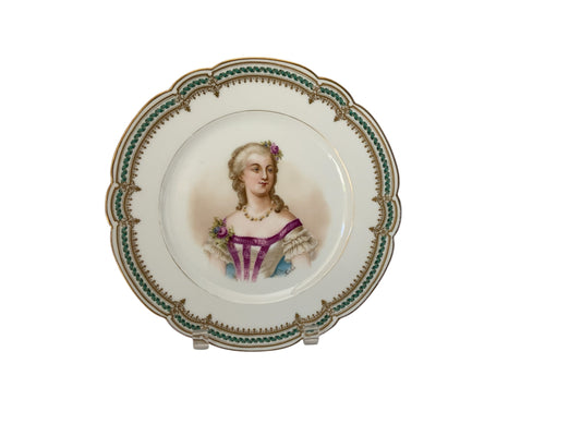 19thC Sèvres Marked Plate Madame du Barry Signed Debrie Green-Gold Ribbon Made in France c.1890-1910