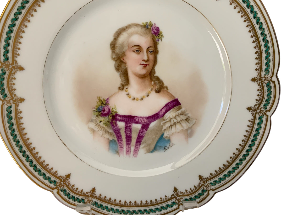 19thC Sèvres Marked Plate Madame du Barry Signed Debrie Green-Gold Ribbon Made in France c.1890-1910