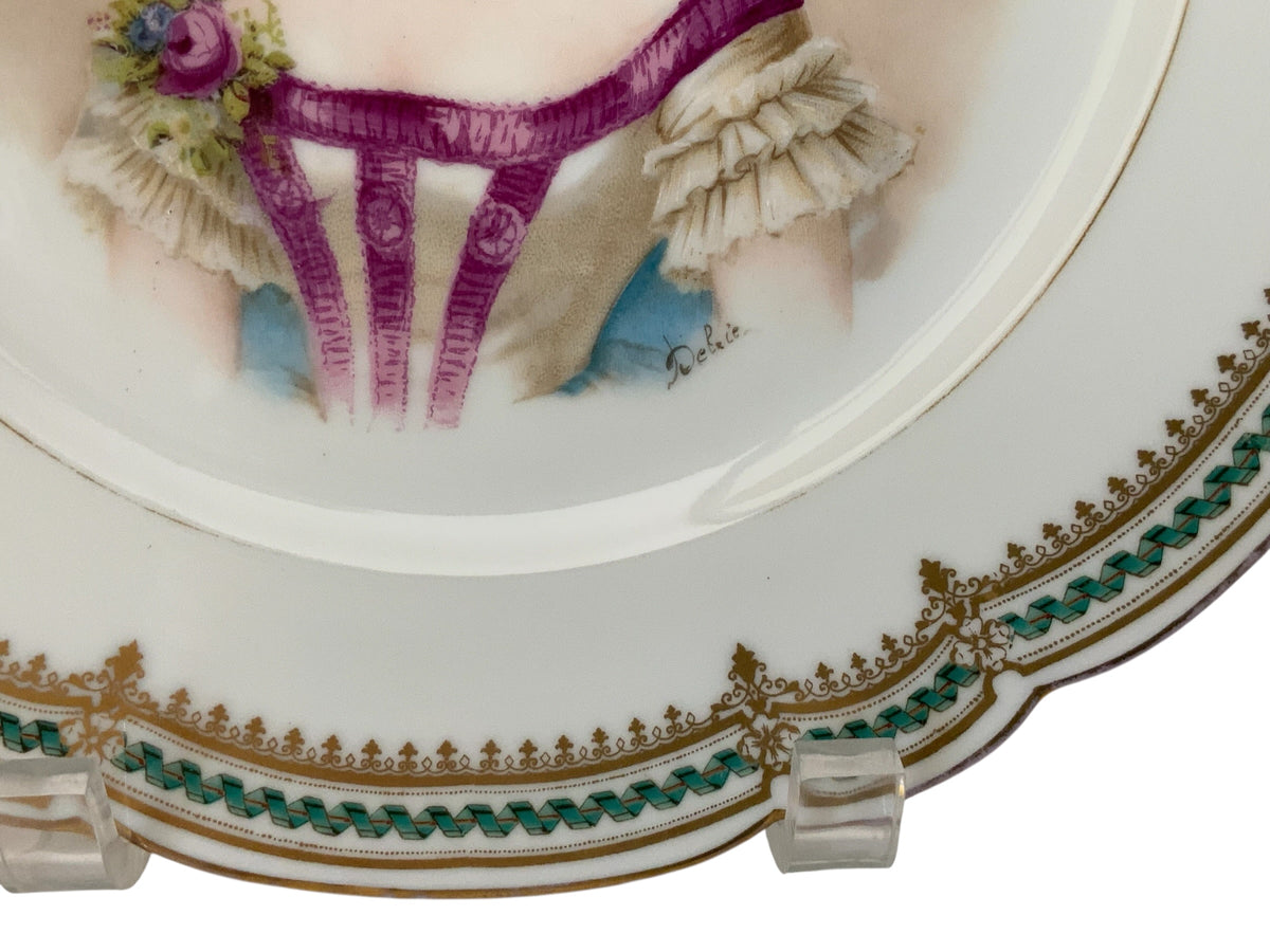 19thC Sèvres Marked Plate Madame du Barry Signed Debrie Green-Gold Ribbon Made in France c.1890-1910