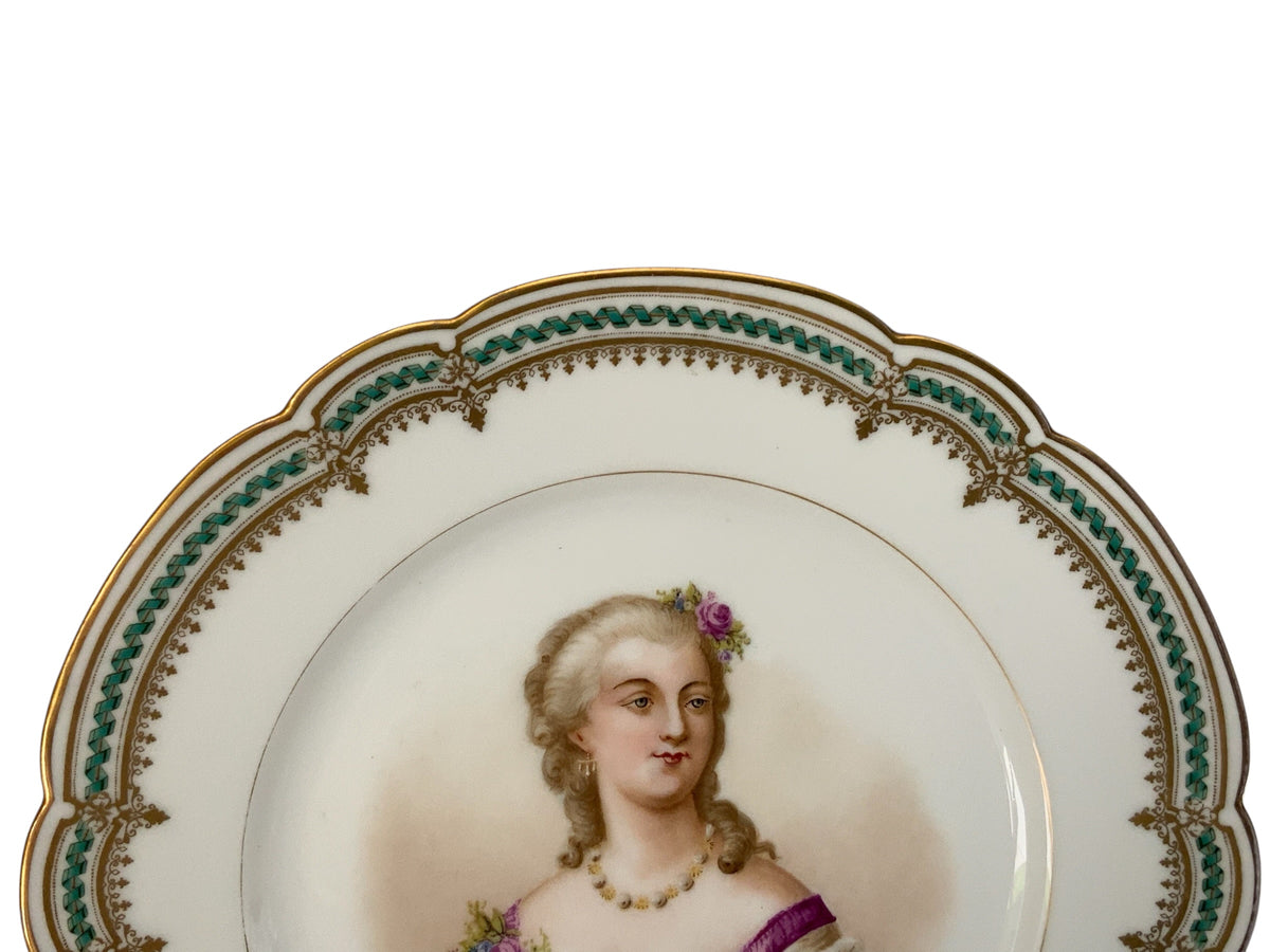 19thC Sèvres Marked Plate Madame du Barry Signed Debrie Green-Gold Ribbon Made in France c.1890-1910