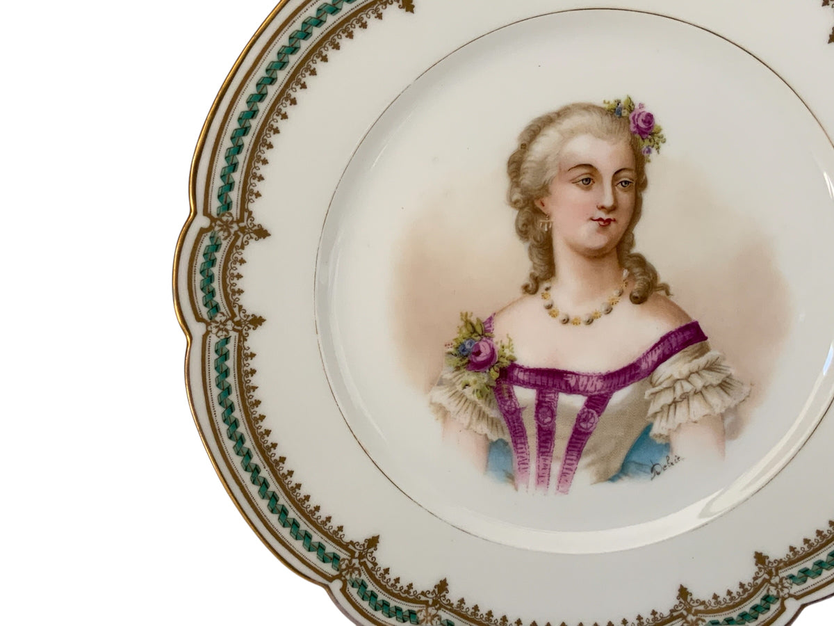 19thC Sèvres Marked Plate Madame du Barry Signed Debrie Green-Gold Ribbon Made in France c.1890-1910