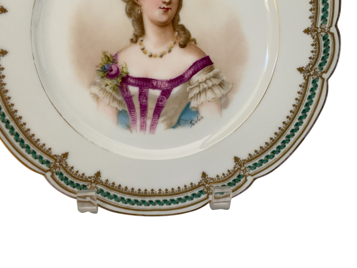 19thC Sèvres Marked Plate Madame du Barry Signed Debrie Green-Gold Ribbon Made in France c.1890-1910