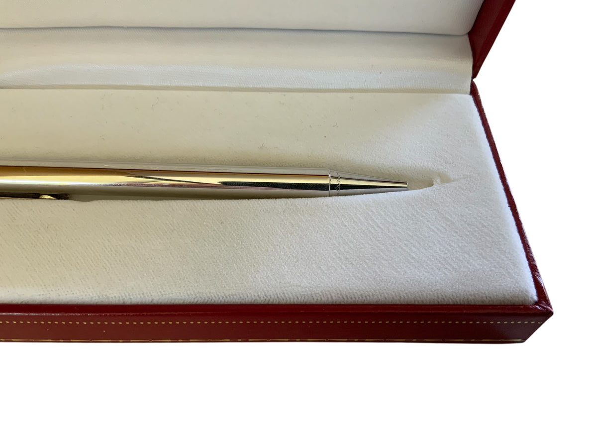 Vintage Must de Cartier Trinity Smooth Silver Plated Ballpoint Pen - Boxed w/ Serial D 14856 Made in France 1980s