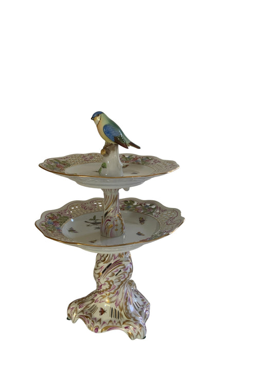 Herend Rothschild Bird (RO) 2-Tier Openwork Porcelain Cake Stand Figural Bird Finial Model 7442 Made in Hungary 1960s-1980s