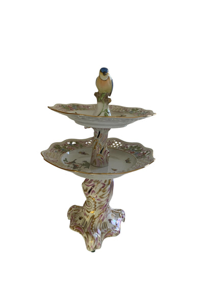 Herend Rothschild Bird (RO) 2-Tier Openwork Porcelain Cake Stand Figural Bird Finial Model 7442 Made in Hungary 1960s-1980s