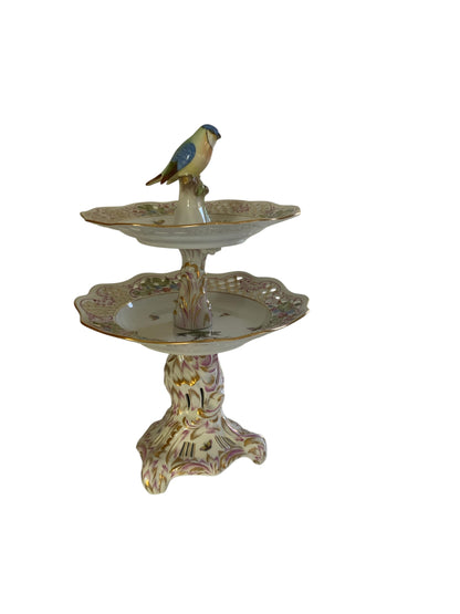 Herend Rothschild Bird (RO) 2-Tier Openwork Porcelain Cake Stand Figural Bird Finial Model 7442 Made in Hungary 1960s-1980s