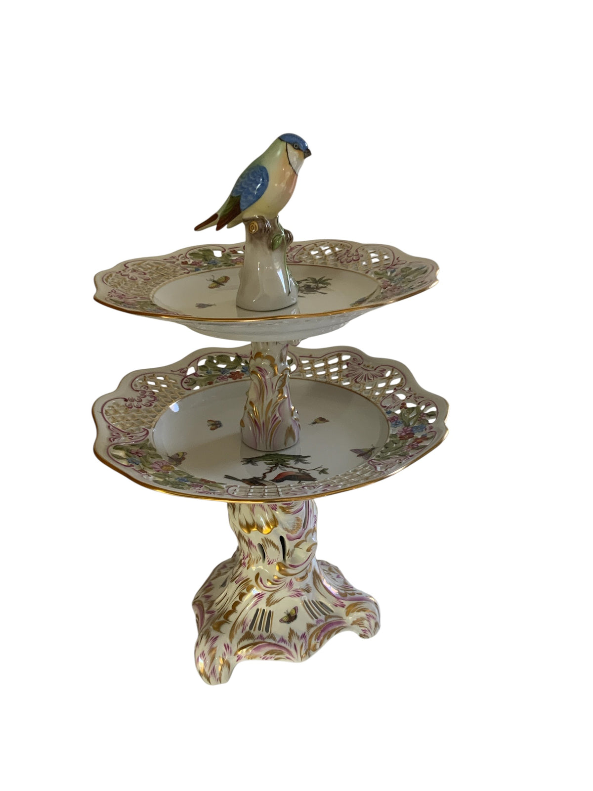 Herend Rothschild Bird (RO) 2-Tier Openwork Porcelain Cake Stand Figural Bird Finial Model 7442 Made in Hungary 1960s-1980s