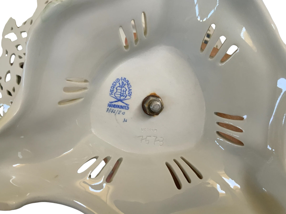 Herend Rothschild Bird (RO) 2-Tier Openwork Porcelain Cake Stand Figural Bird Finial Model 7442 Made in Hungary 1960s-1980s