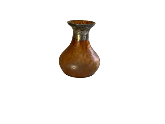 Loetz Attributed/Style Antique Iridescent Amber Spatter Art Glass 5" Cabinet Vase Silver Overlay Rim Made in Austria 1900s